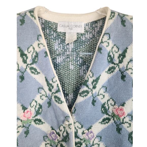 Vintage Spring Floral Bunny Knit Cardigan Sweater MEDIUM Bows Cottage Easter - Picture 3 of 9